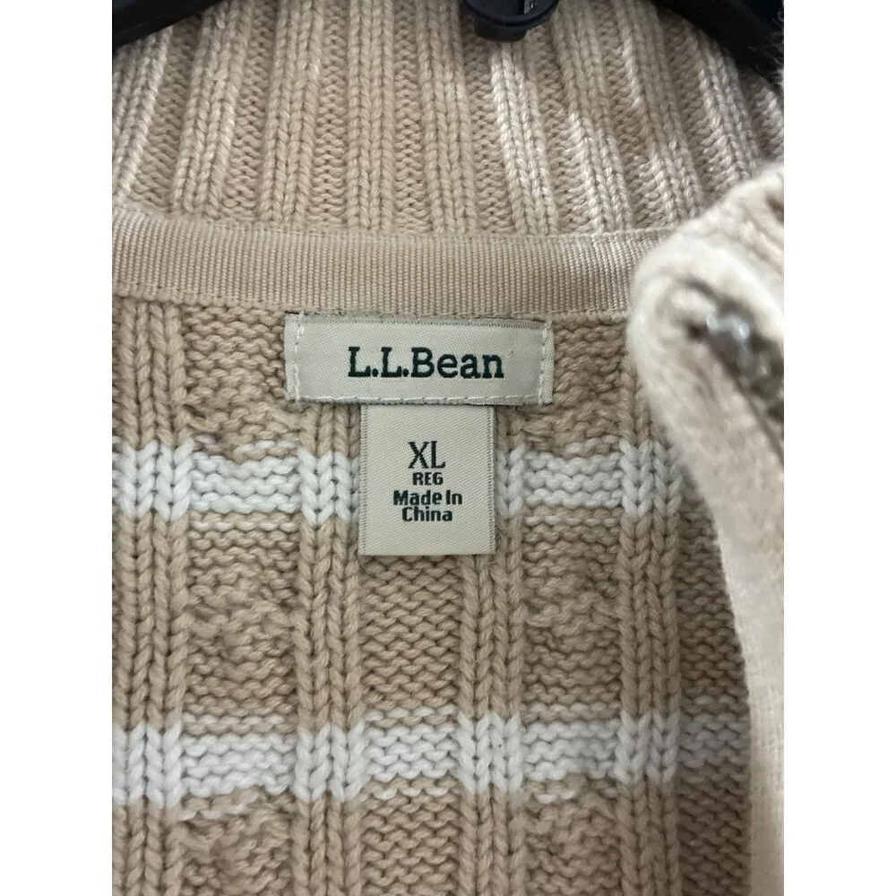 L.L.Bean womens tan white striped cable knit full-zip sweater cardigan cotton Xl